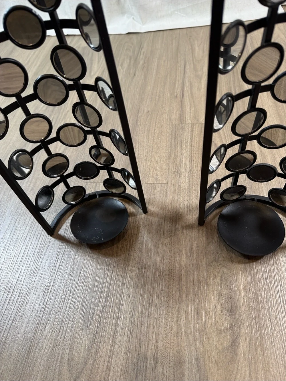 Black Metal &  Circle Mirror Frame Candle Holders - Pair